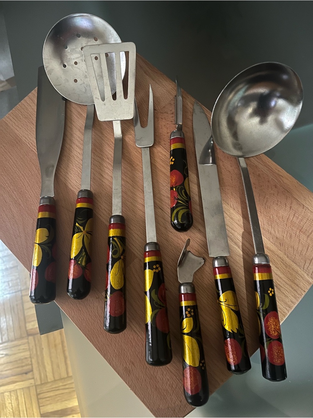Decorative Russian Khokhloma Painted Handle Kitchen Utensil Set